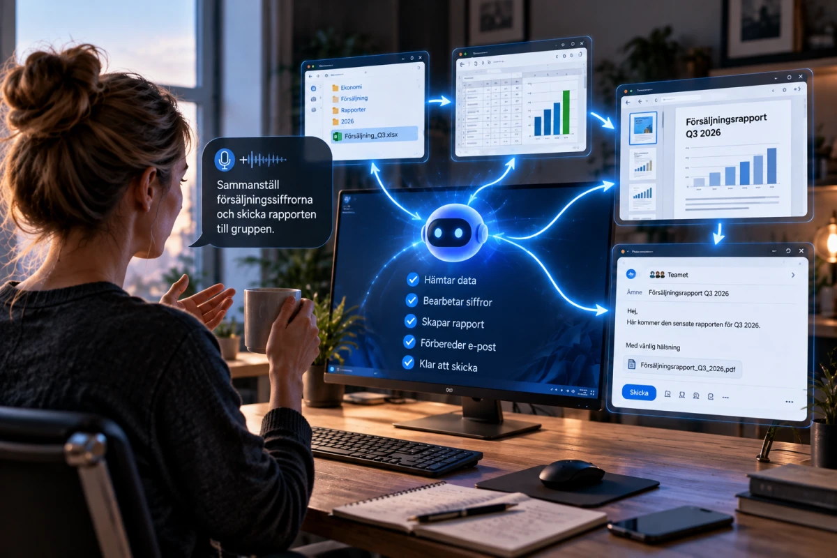 Illustration av en AI-agent som hämtar försäljningsdata, bearbetar siffror, skapar en rapport och förbereder e-post åt användaren.