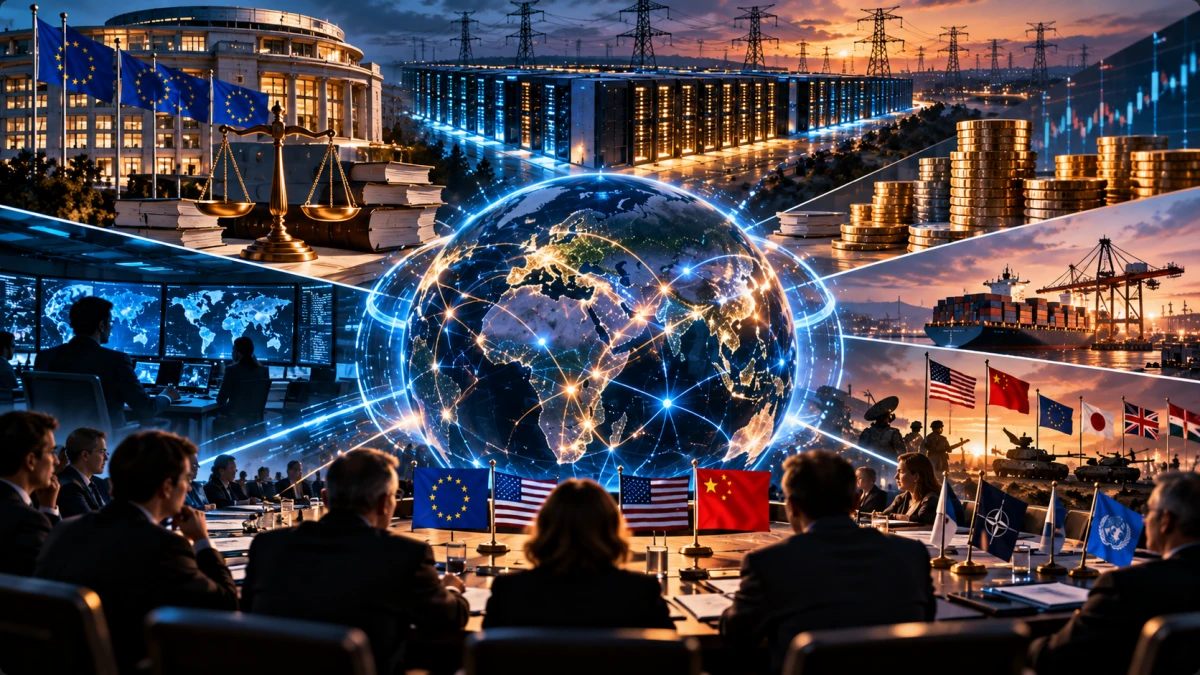 Globalt AI-system omgivet av lagstiftning, datacenter, finansmarknader och internationella aktörer.