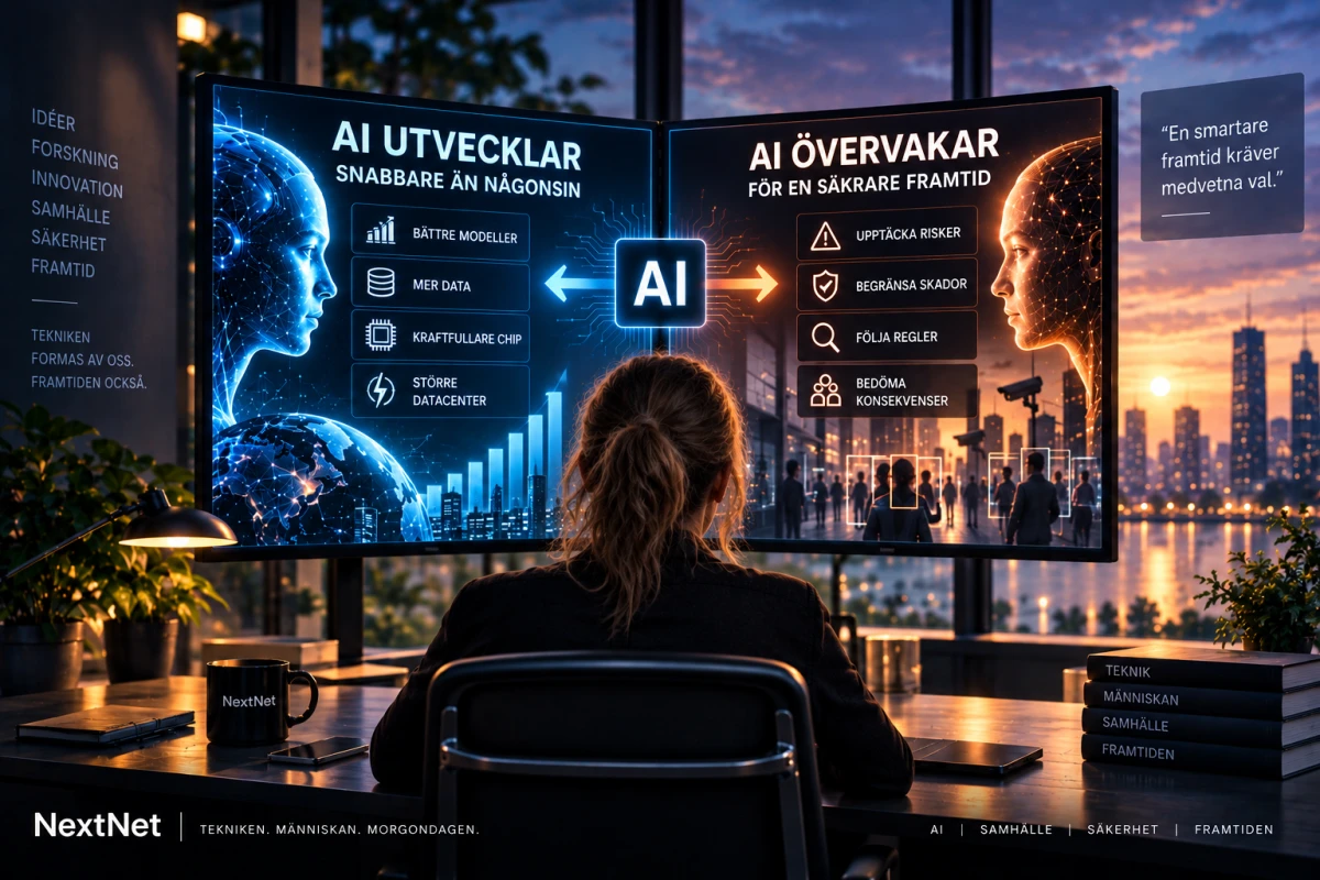 Kvinna sitter framför två skärmar som ställer snabb AI-utveckling mot övervakning, riskkontroll och konsekvensbedömning.