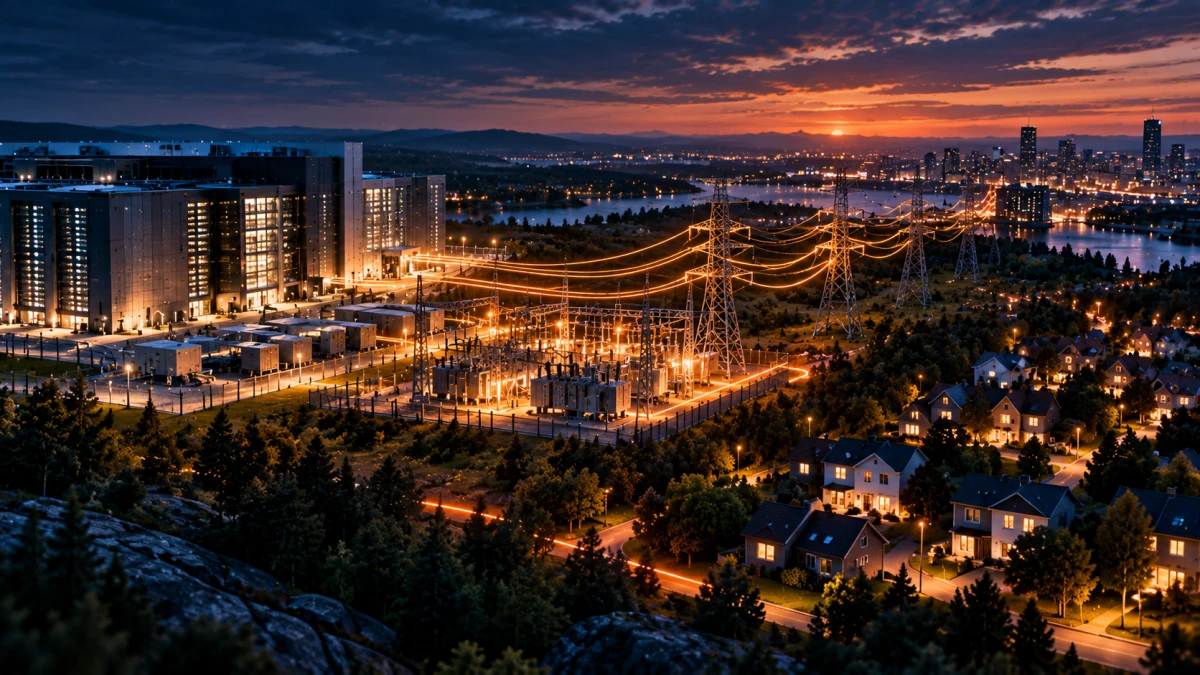 Datacenter, transformatorstation, kraftledningar och bostadsområden sammanlänkade i samma elsystem.