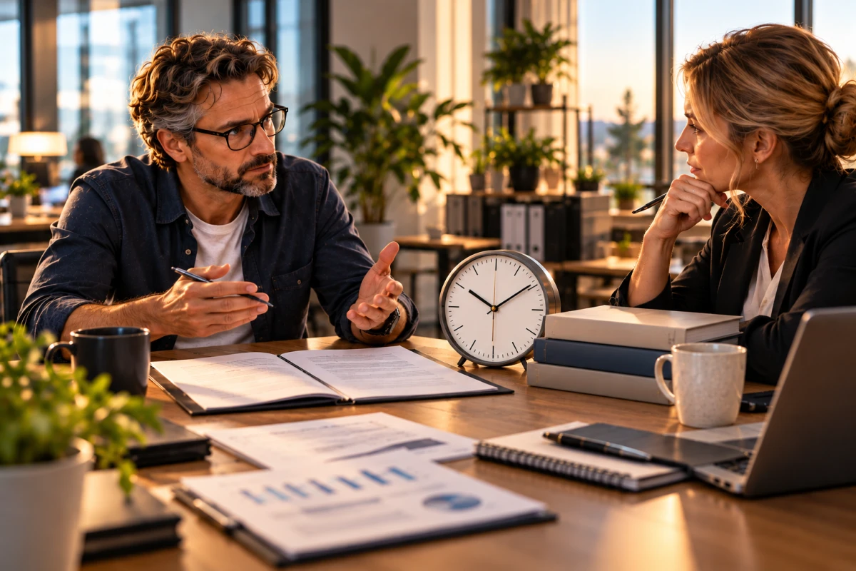 Two people talk at a meeting table with an agreement, a clock and financial documents.