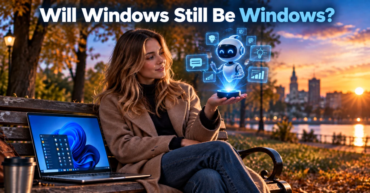 A woman on a park bench beside a laptop holds a small round device projecting an AI assistant.