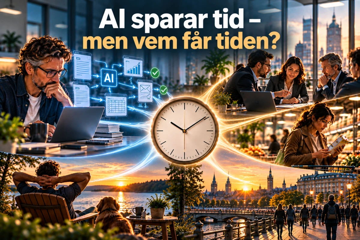 Stilren illustration av en klocka i en modern arbetsmiljö där frigjord tid förgrenas mot människa, företag, kund och samhälle.