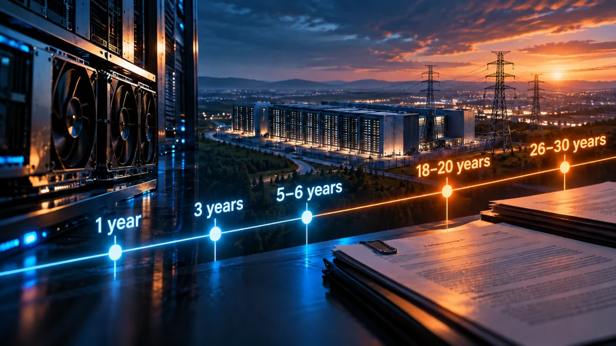 AI servers, data centers and long-term agreements shown along a timeline ranging from one year to 30 years.