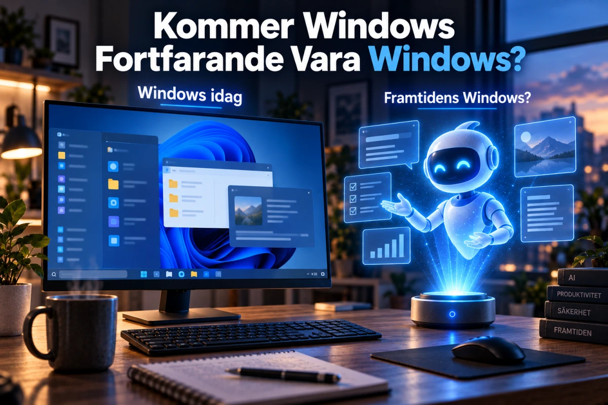 Illustration av en dator med Windows-liknande gränssnitt bredvid en holografisk AI-assistent som symboliserar hur operativsystemet kan förändras när AI-agenter blir en del av datorn.
