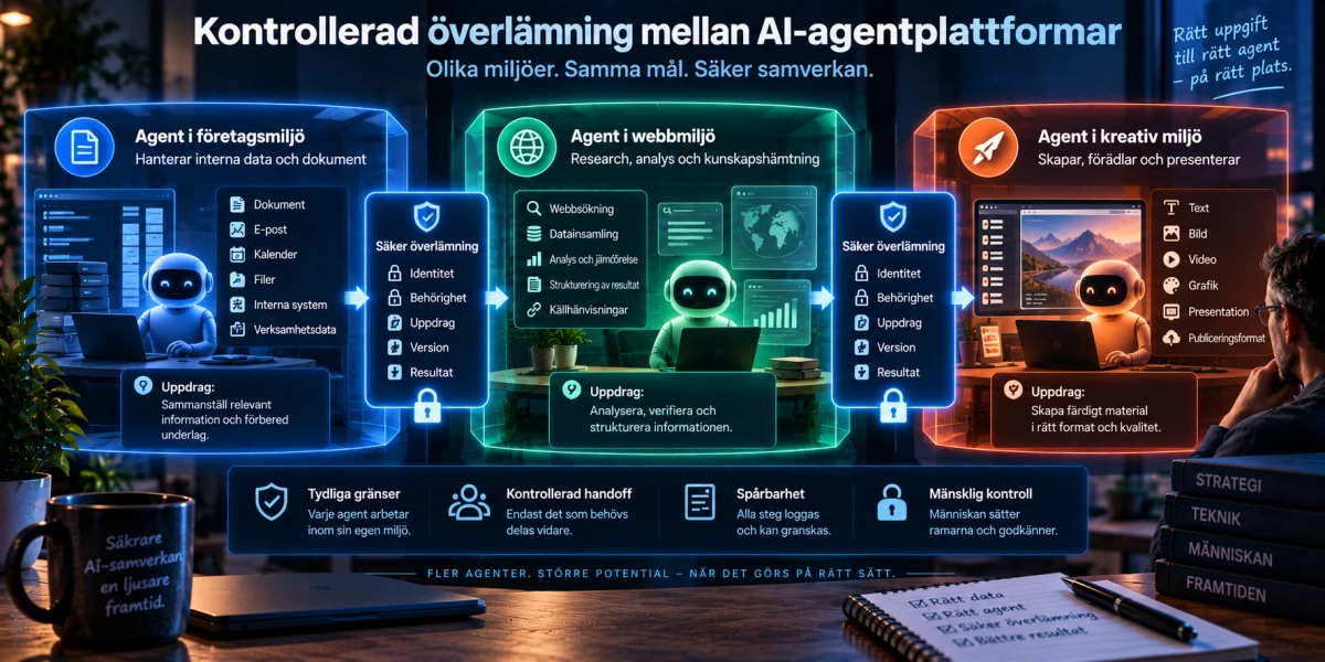 Illustration av tre separata AI-agentmiljöer som överlämnar uppdrag genom kontrollerade handoffs med identitet, behörighet, version och resultat.