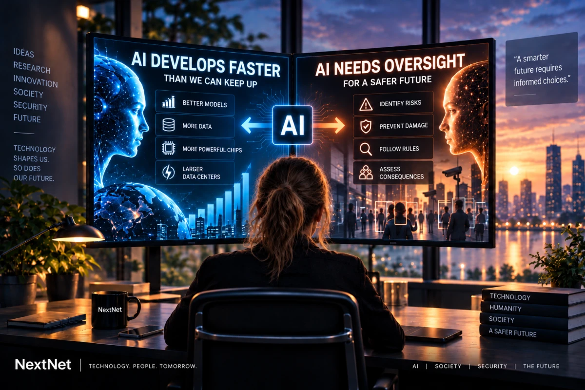 A woman faces two displays contrasting rapid AI development with monitoring, risk control and consequence assessment.