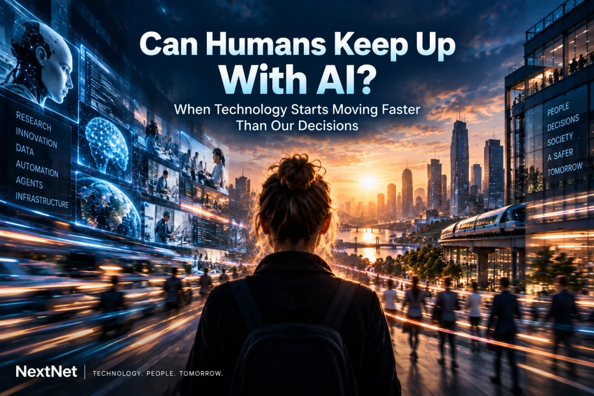 A person stands still as AI systems, data flows, infrastructure and human activity move rapidly around them.
