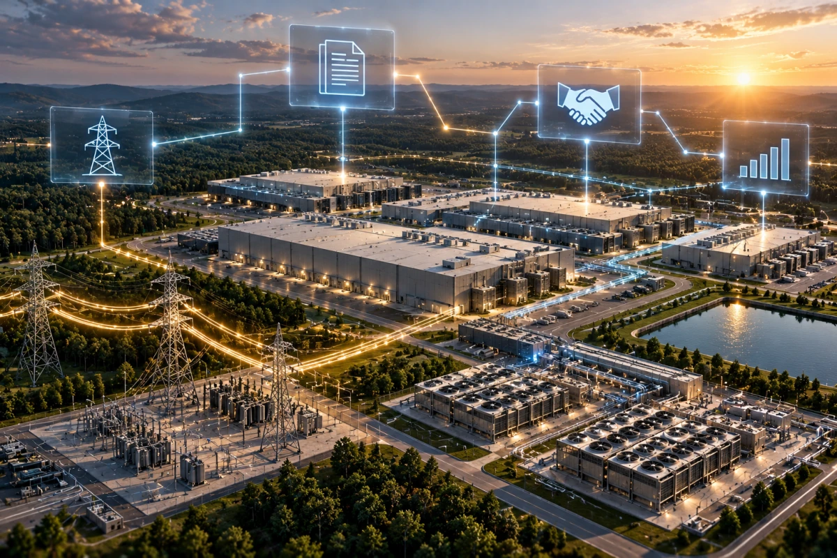 Generic data-center campus and power lines with a subtle overlay suggesting contractual connections.