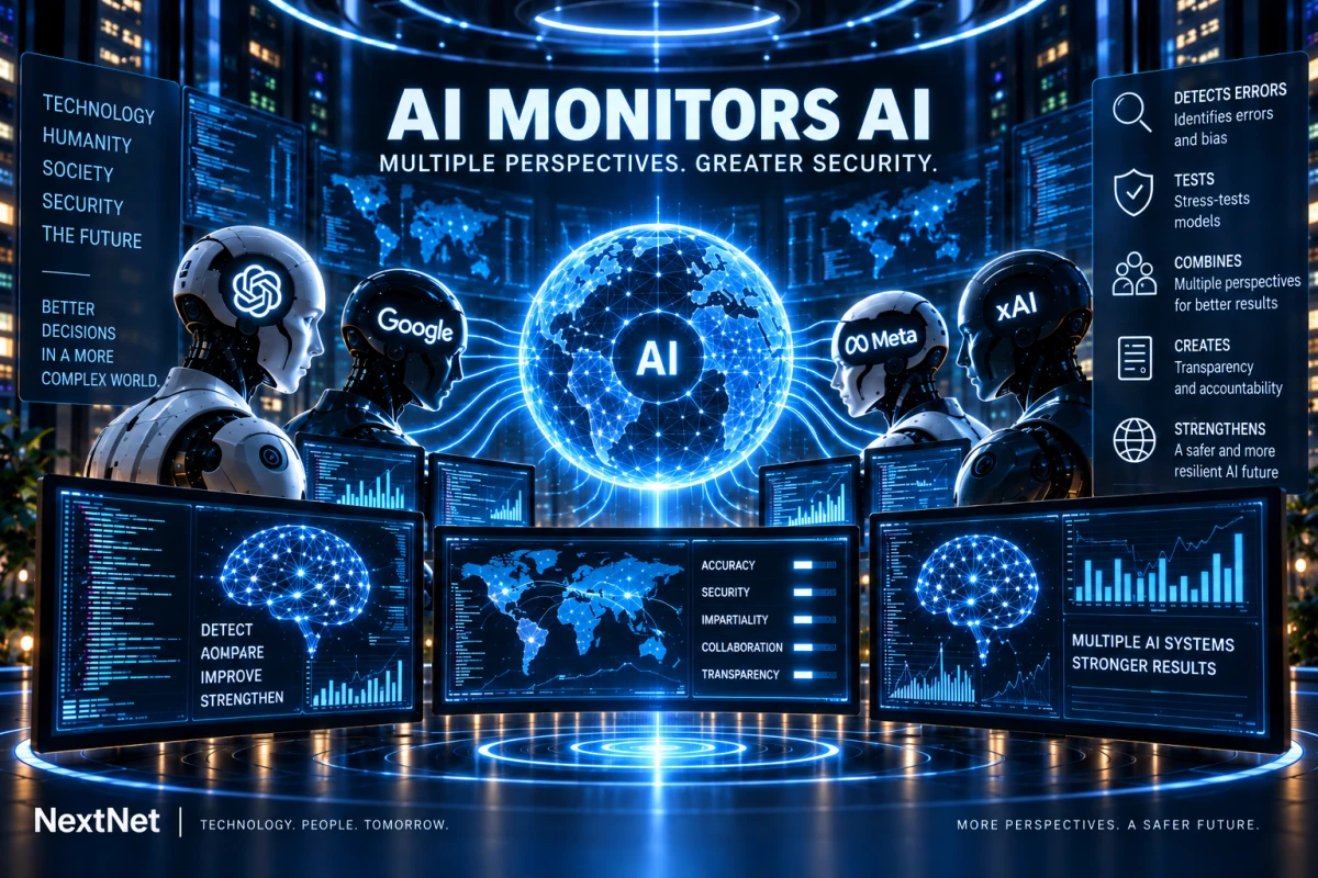 Humanoid AI symbols labeled OpenAI, Google, Meta and xAI surround a shared digital network in a conceptual monitoring environment.