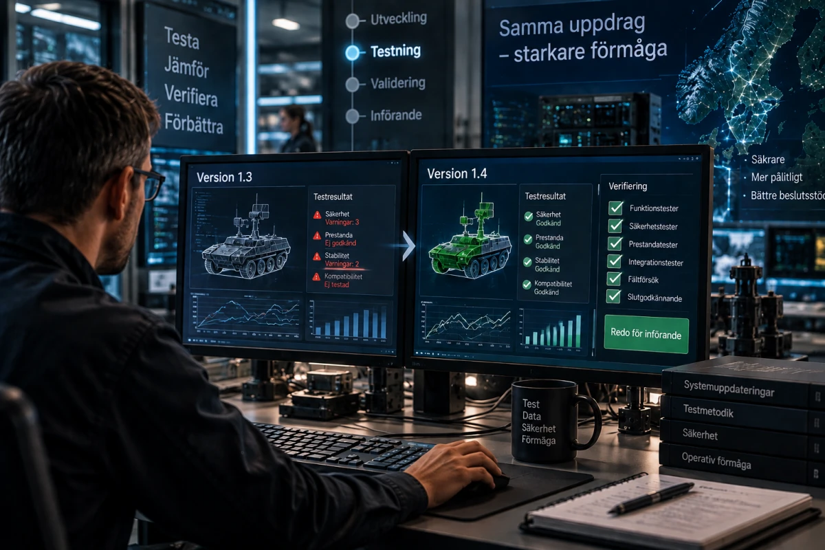 Teknisk analytiker jämför två systemversioner och testresultat på skärmar.