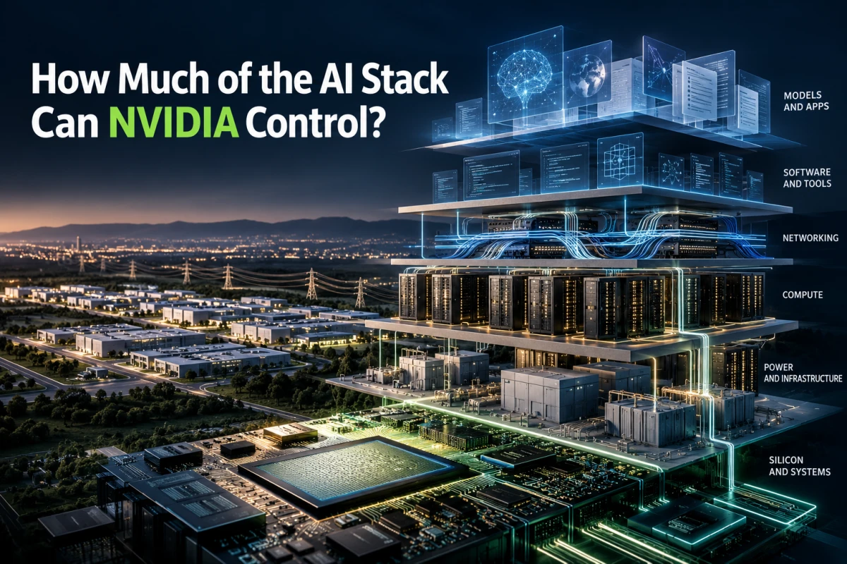 Conceptual layers of chips, server racks, networks and model libraries beneath the question "How Much of the AI Stack Can NVIDIA Control?"