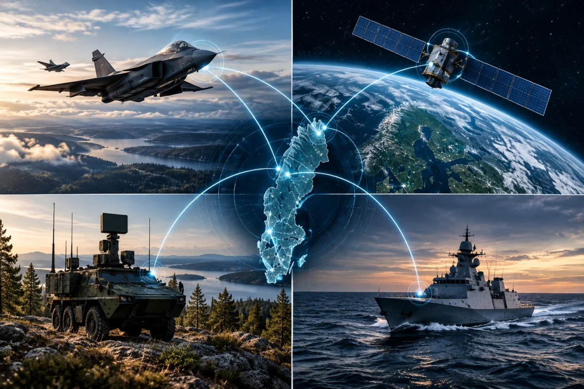Illustration av sammankopplade försvarssystem i luft, på marken, till sjöss och i rymden med Sverige i centrum.