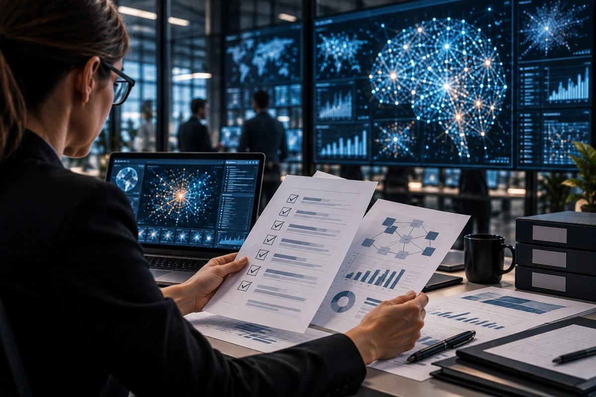 An external evaluator reviews test results and system flows from an AI development environment.