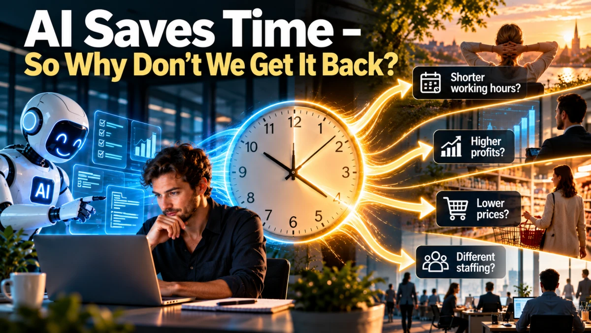 Editorial illustration showing AI-assisted work and a central clock, with saved time branching toward shorter working hours, higher profits, lower prices and different staffing.
