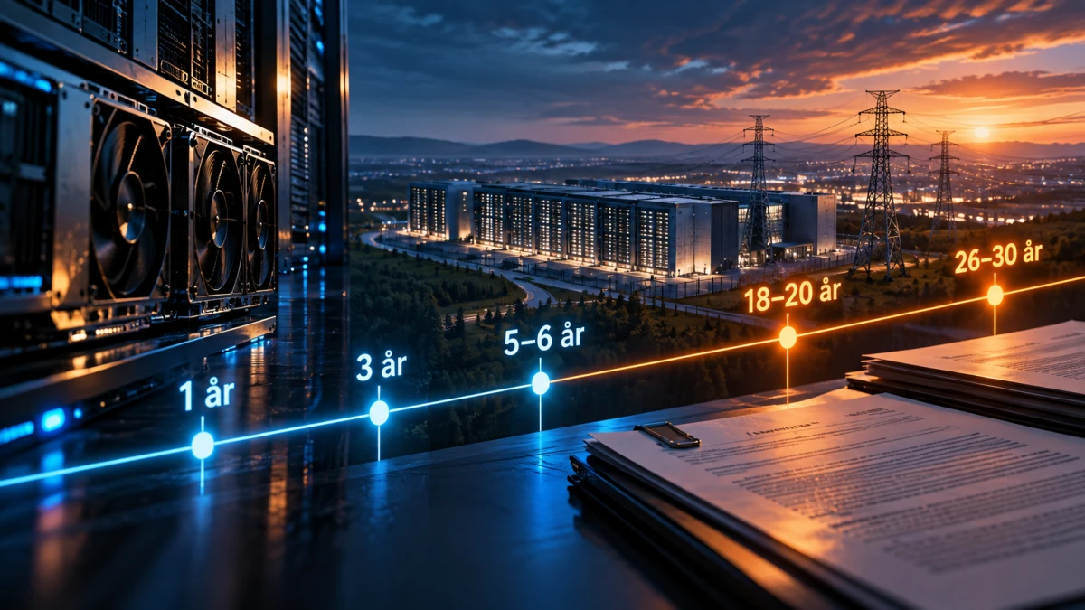 AI-servrar, datacenter och långsiktiga avtal illustrerade längs en tidslinje från ett år till 30 år.