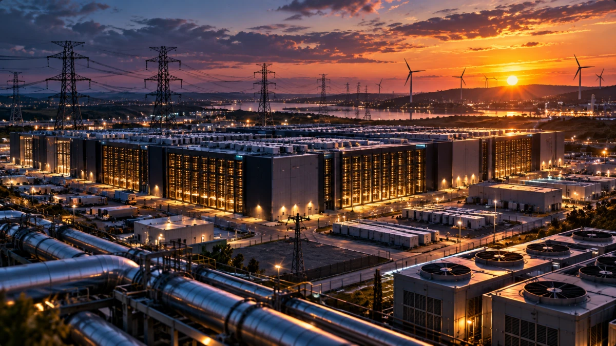 Storskaligt datacenterområde omgivet av kraftledningar, kylsystem och energiinfrastruktur.