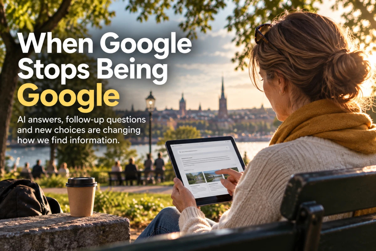 A woman in a park views search results on a tablet, with the headline “When Google Stops Being Google”.
