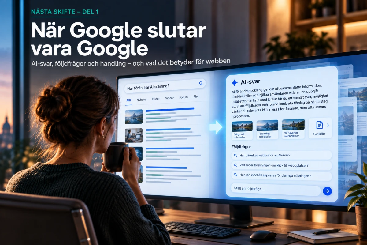 Person använder ett digitalt sökgränssnitt som övergår från länkar till ett AI-genererat svar.