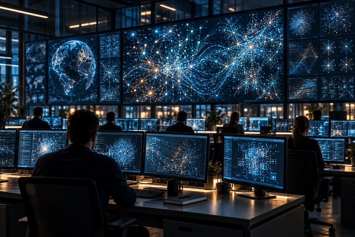 Analysts monitor a large number of parallel AI agent flows in a technical environment.