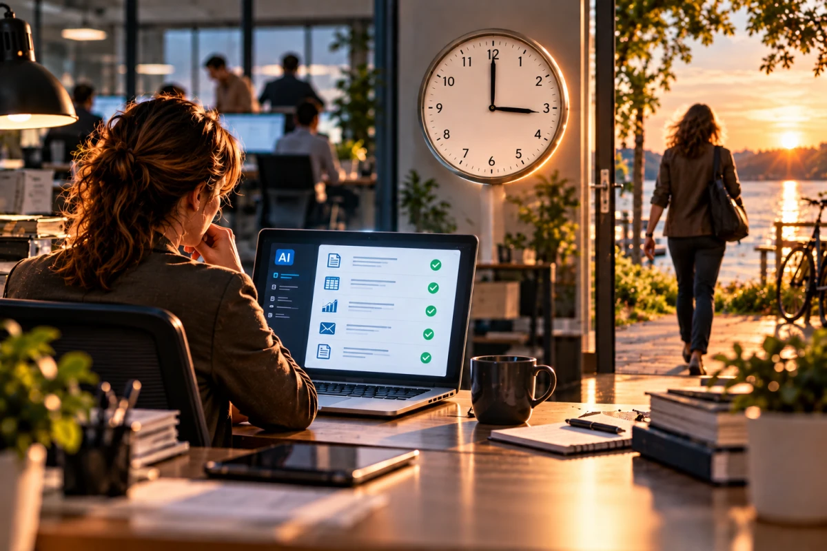 A person at a computer with AI support and an analogue clock, while another person leaves the workplace for leisure time.
