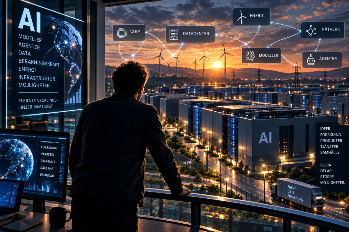 Person blickar ut över datacenter och energiinfrastruktur medan ett diagram kopplar samman chip, nätverk, modeller och AI-agenter.