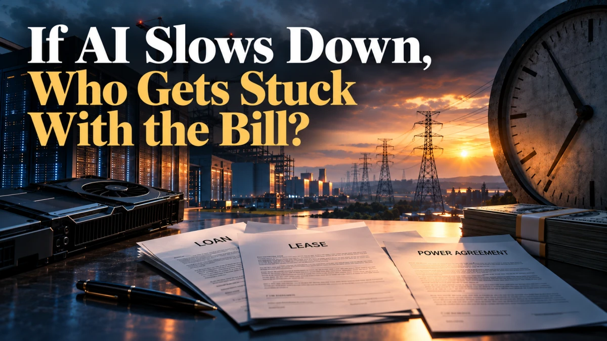 AI data center, power infrastructure, contracts, money, GPU hardware and a large clock illustrating the financial risks tied to long-term AI investment.
