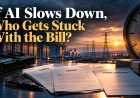 AI data center, power infrastructure, contracts, money, GPU hardware and a large clock illustrating the financial risks tied to long-term AI investment.