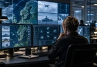 Mänsklig analytiker granskar sammankopplade informationsflöden i ett neutralt kontrollrum.
