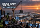 Workers build a vast AI infrastructure complex with data centres, power systems and server equipment as a crane lifts a server rack into place.