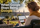 A woman in a park views search results on a tablet, with the headline “When Google Stops Being Google”.