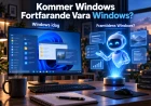 Illustration av en dator med Windows-liknande gränssnitt bredvid en holografisk AI-assistent som symboliserar hur operativsystemet kan förändras när AI-agenter blir en del av datorn.