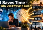 Editorial illustration showing AI-assisted work and a central clock, with saved time branching toward shorter working hours, higher profits, lower prices and different staffing.