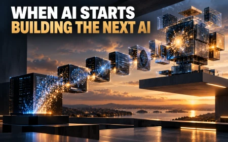 A human analyst views abstract AI evaluation displays in a control room.