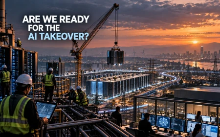 Workers build a vast AI infrastructure complex with data centres, power systems and server equipment as a crane lifts a server rack into place.