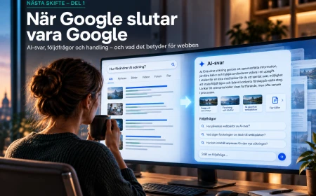 Person använder ett digitalt sökgränssnitt som övergår från länkar till ett AI-genererat svar.