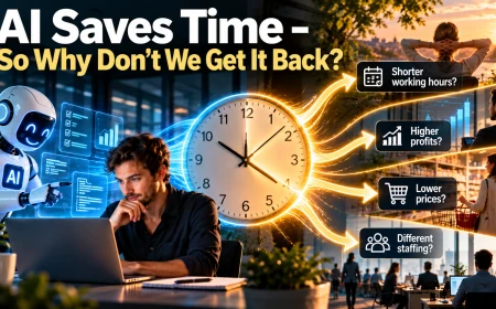 Editorial illustration showing AI-assisted work and a central clock, with saved time branching toward shorter working hours, higher profits, lower prices and different staffing.