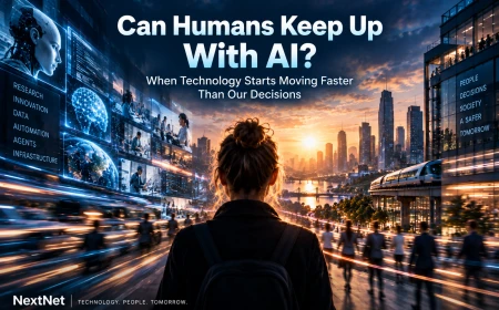 A person stands still as AI systems, data flows, infrastructure and human activity move rapidly around them.