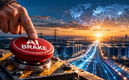 Large red AI BRAKE button overlooking data centers, power infrastructure and a city at sunset.