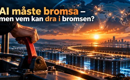 En hand drar i en röd bromsspak framför datacenter, elnät och ett globalt digitalt nätverk.