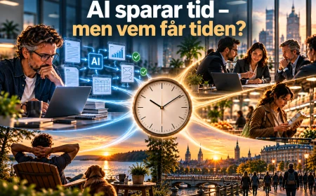 Stilren illustration av en klocka i en modern arbetsmiljö där frigjord tid förgrenas mot människa, företag, kund och samhälle.