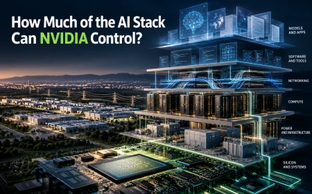 Conceptual layers of chips, server racks, networks and model libraries beneath the question "How Much of the AI Stack Can NVIDIA Control?"