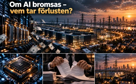 AI-infrastruktur, ett AI-chip, ett rivet avtal och elnät illustrerar hur ekonomisk risk kan fördelas om AI-utbyggnaden bromsar.