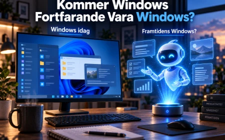 Illustration av en dator med Windows-liknande gränssnitt bredvid en holografisk AI-assistent som symboliserar hur operativsystemet kan förändras när AI-agenter blir en del av datorn.
