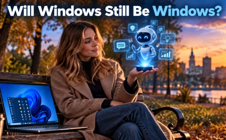 A woman on a park bench beside a laptop holds a small round device projecting an AI assistant.