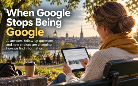 A woman in a park views search results on a tablet, with the headline “When Google Stops Being Google”.