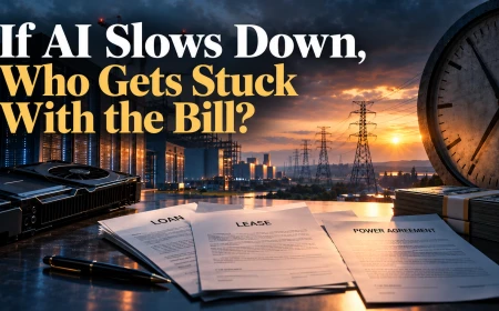AI data center, power infrastructure, contracts, money, GPU hardware and a large clock illustrating the financial risks tied to long-term AI investment.