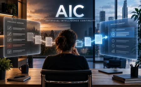 AI continuity illustrated as a controlled handover between a previous session and a new environment.
