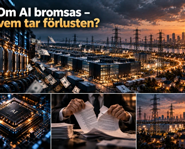 AI-infrastruktur, ett AI-chip, ett rivet avtal och elnät illustrerar hur ekonomisk risk kan fördelas om AI-utbyggnaden bromsar.