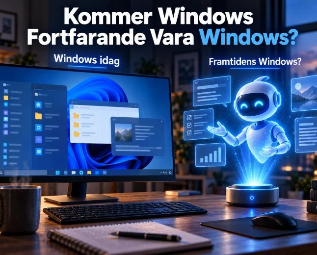 Illustration av en dator med Windows-liknande gränssnitt bredvid en holografisk AI-assistent som symboliserar hur operativsystemet kan förändras när AI-agenter blir en del av datorn.